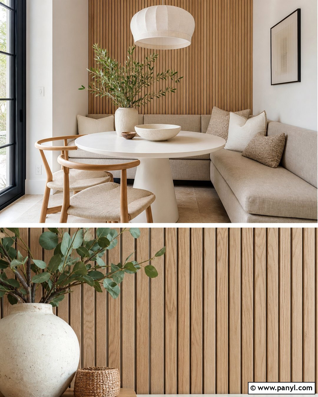 Natural Oak Slat Wall Breakfast Nook - 20 Neutral Color Slat Wall Ideas