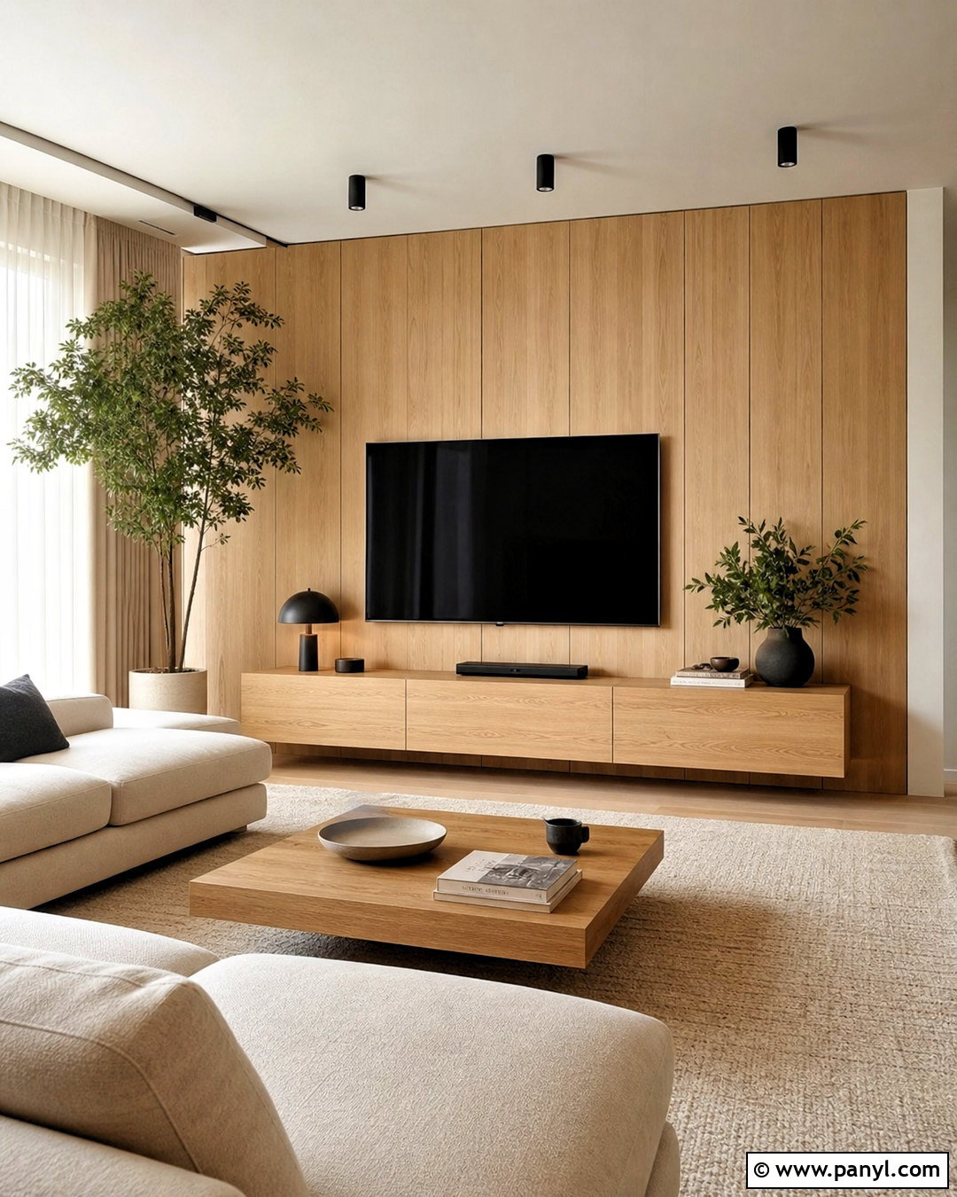 Natural Oak Wood TV Wall - 20 wood behind tv on wall ideas