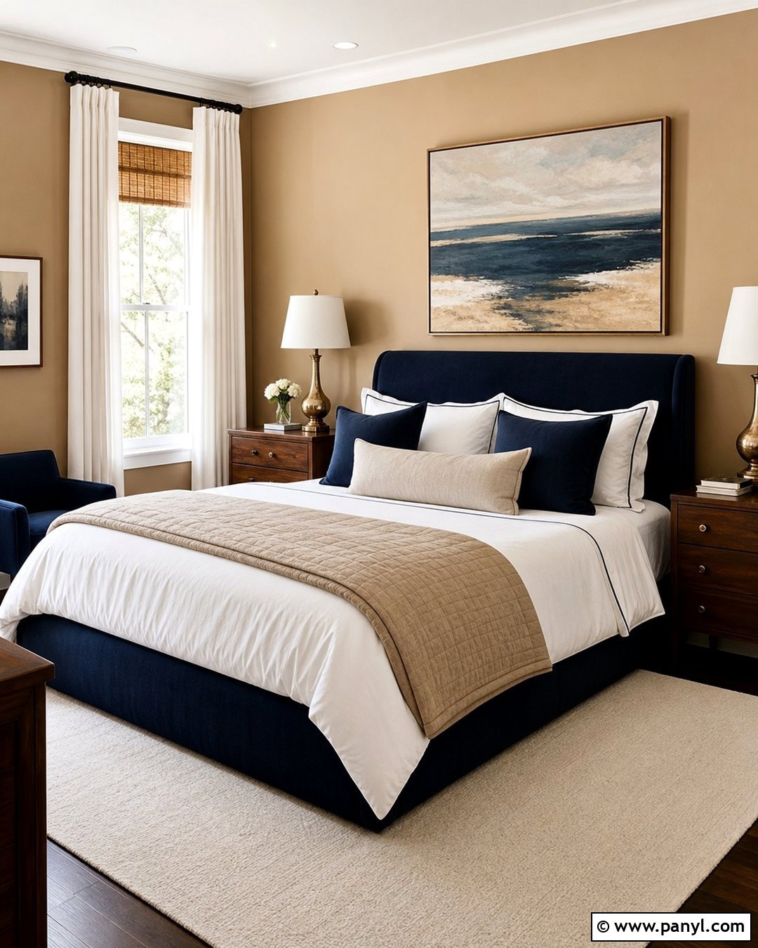 Natural Tan Bedroom With Navy Accents - 25 Natural Tan Sherwin Williams Walls