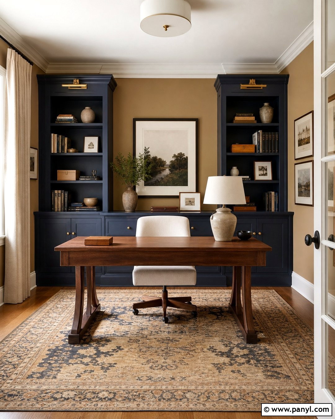 Natural Tan Home Office With Navy Built-Ins - 25 Natural Tan Sherwin Williams Walls