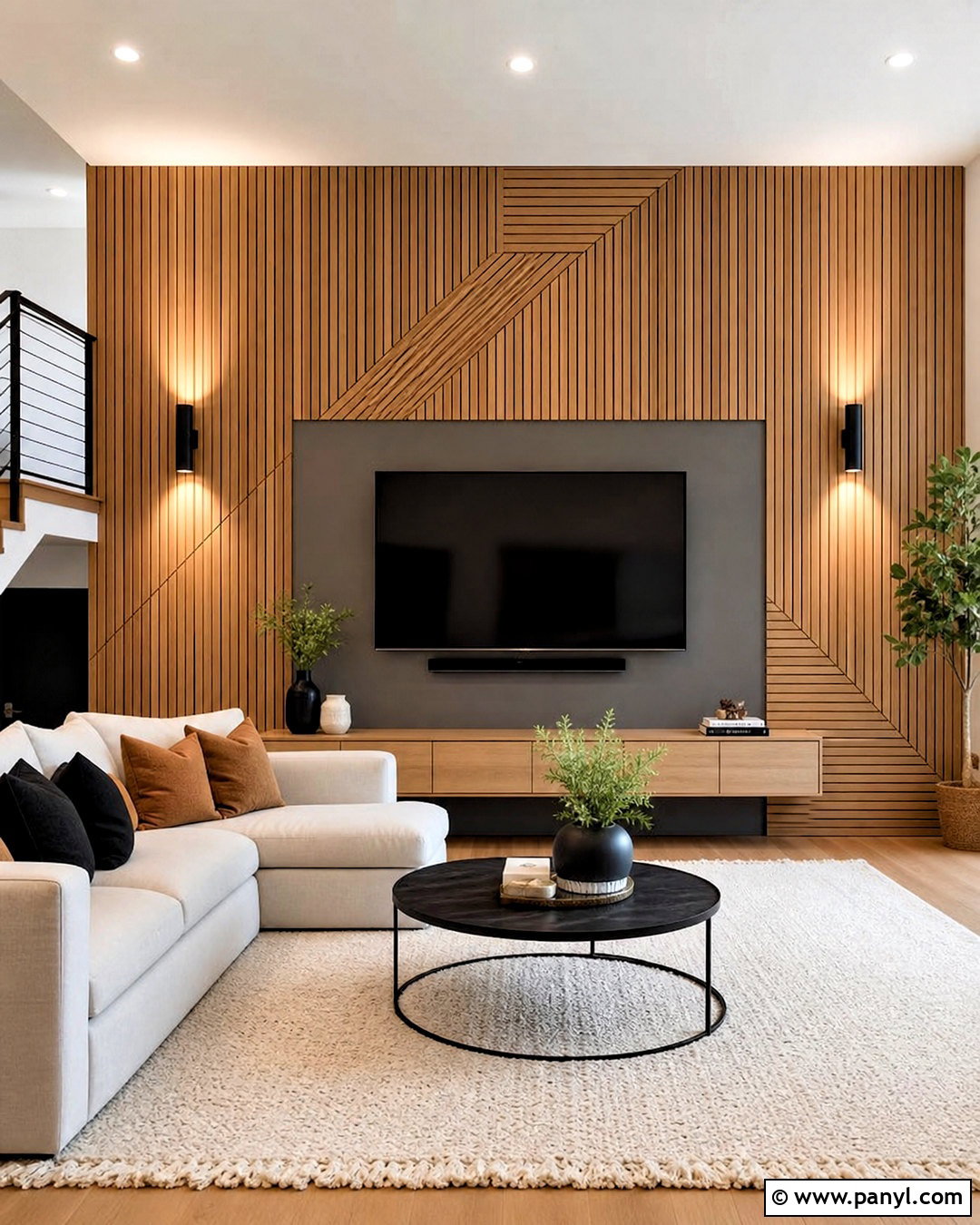 Natural Wood Slat Geometric Accent Wall - 20 geometric accent wall ideas