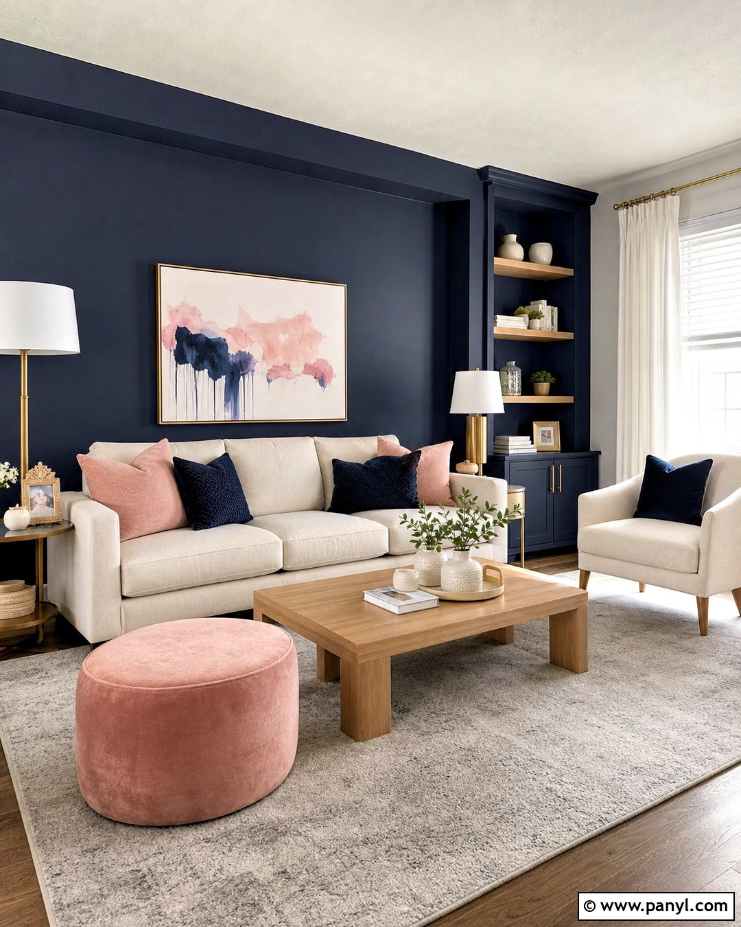 Navy Accent Wall With Blush Accents - 20 navy accent wall living room ideas