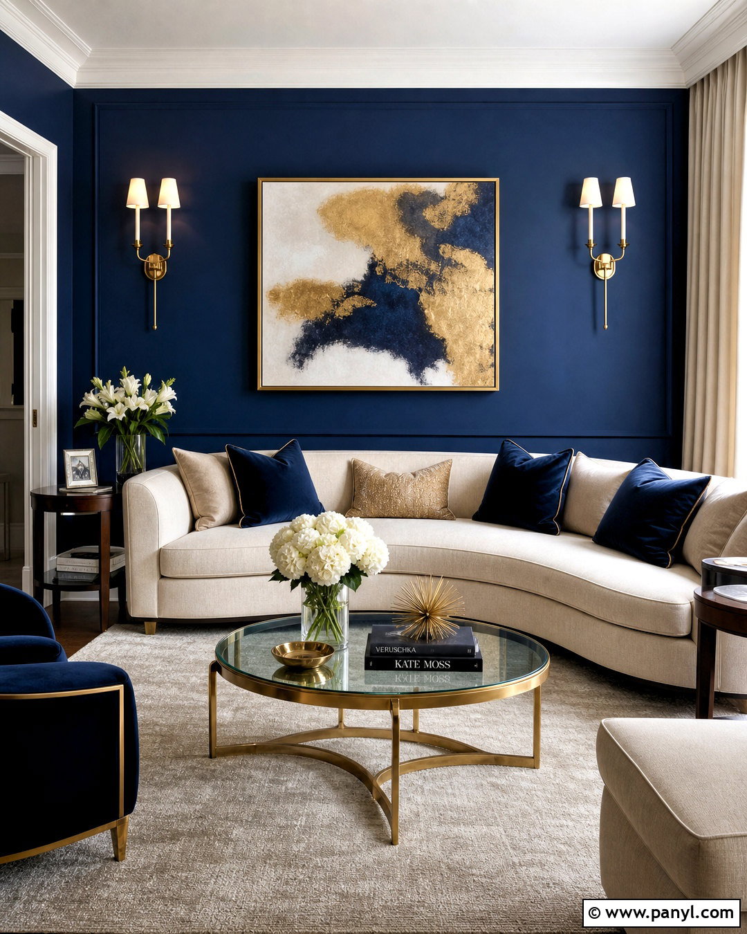 Navy Accent Wall With Brass Decor - 20 navy accent wall living room ideas