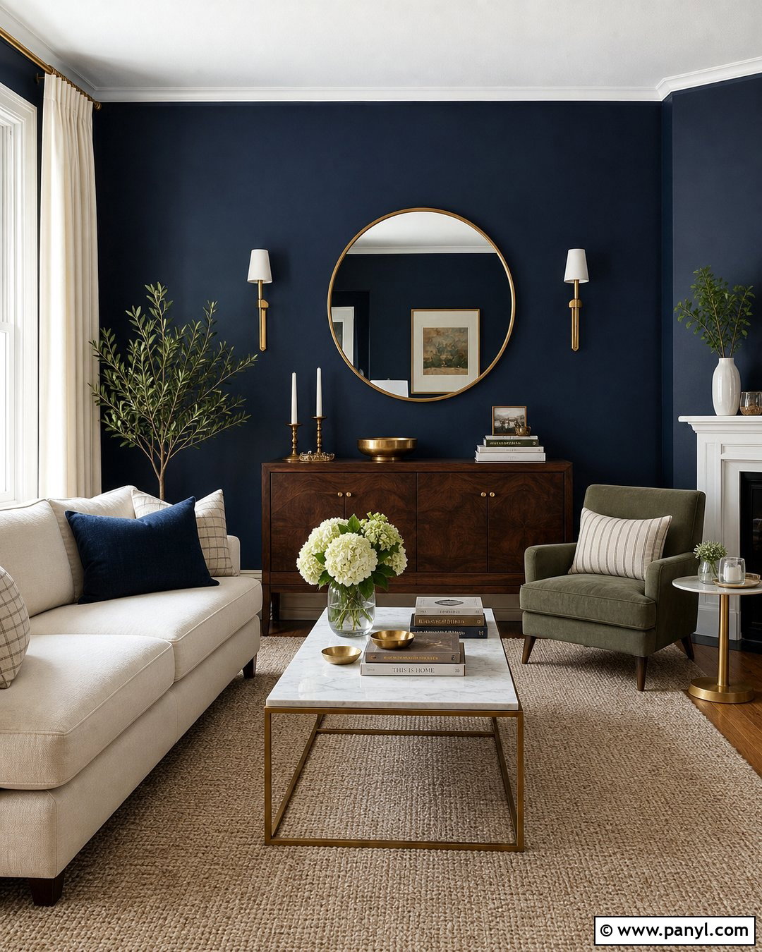 Navy Accent Wall With Brass Decor - 35 Navy Accent Wall Ideas