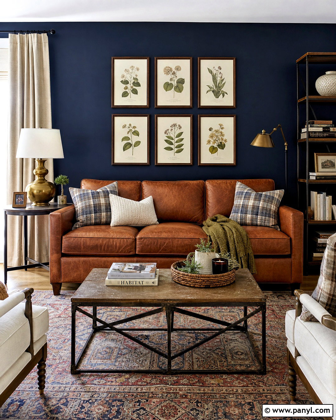 Navy Accent Wall With Brown Leather Sofa - 20 navy accent wall living room ideas
