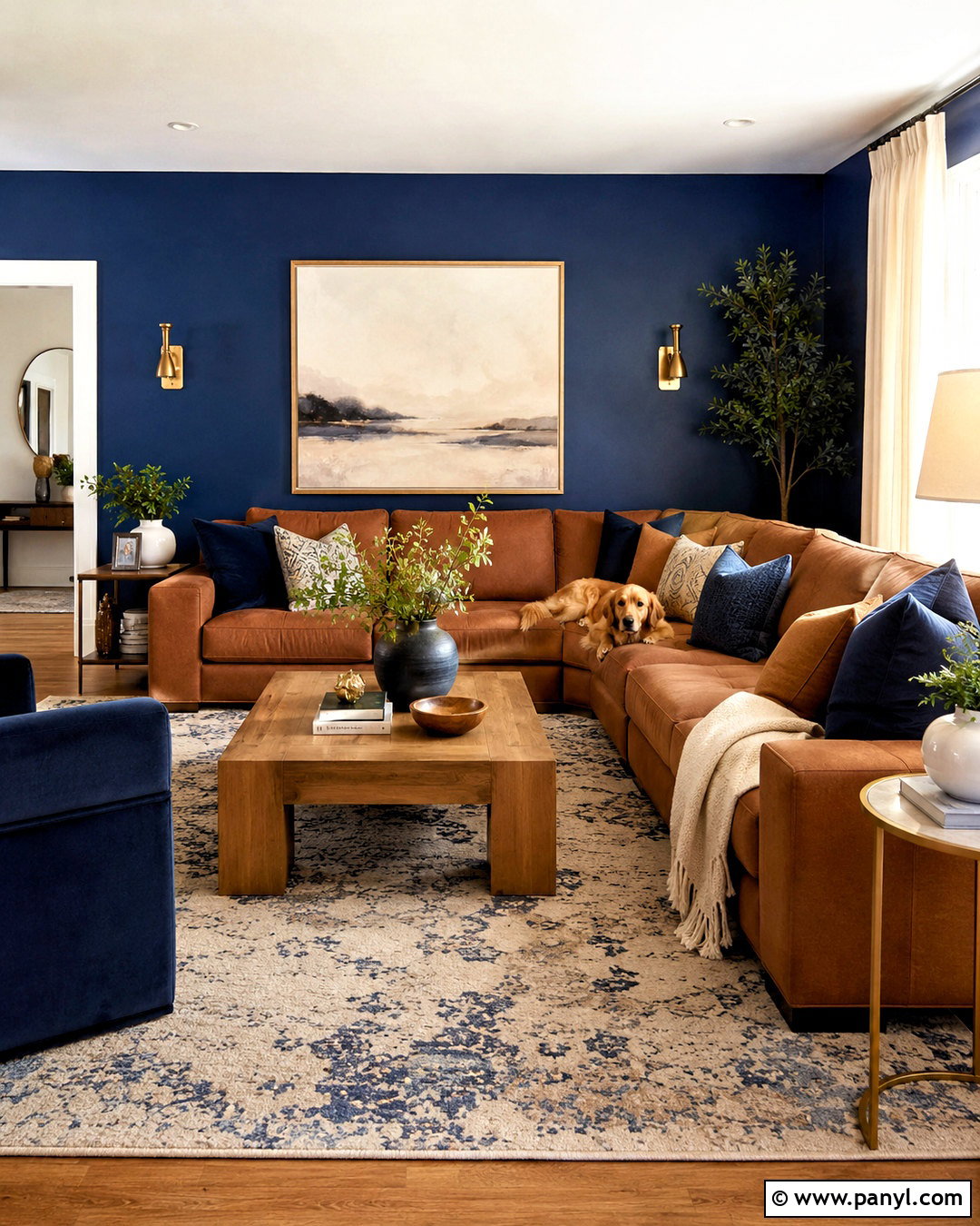 Navy Accent Wall With Brown Sectional - 20 navy blue and brown living room ideas