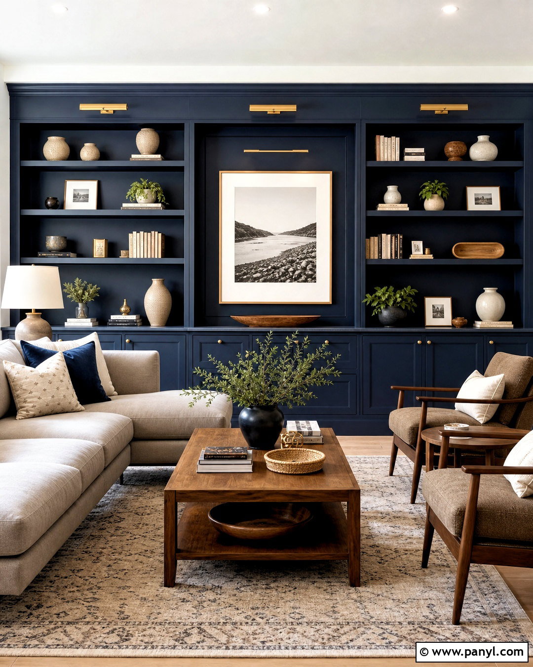 Navy Accent Wall With Built-Ins - 20 navy accent wall living room ideas