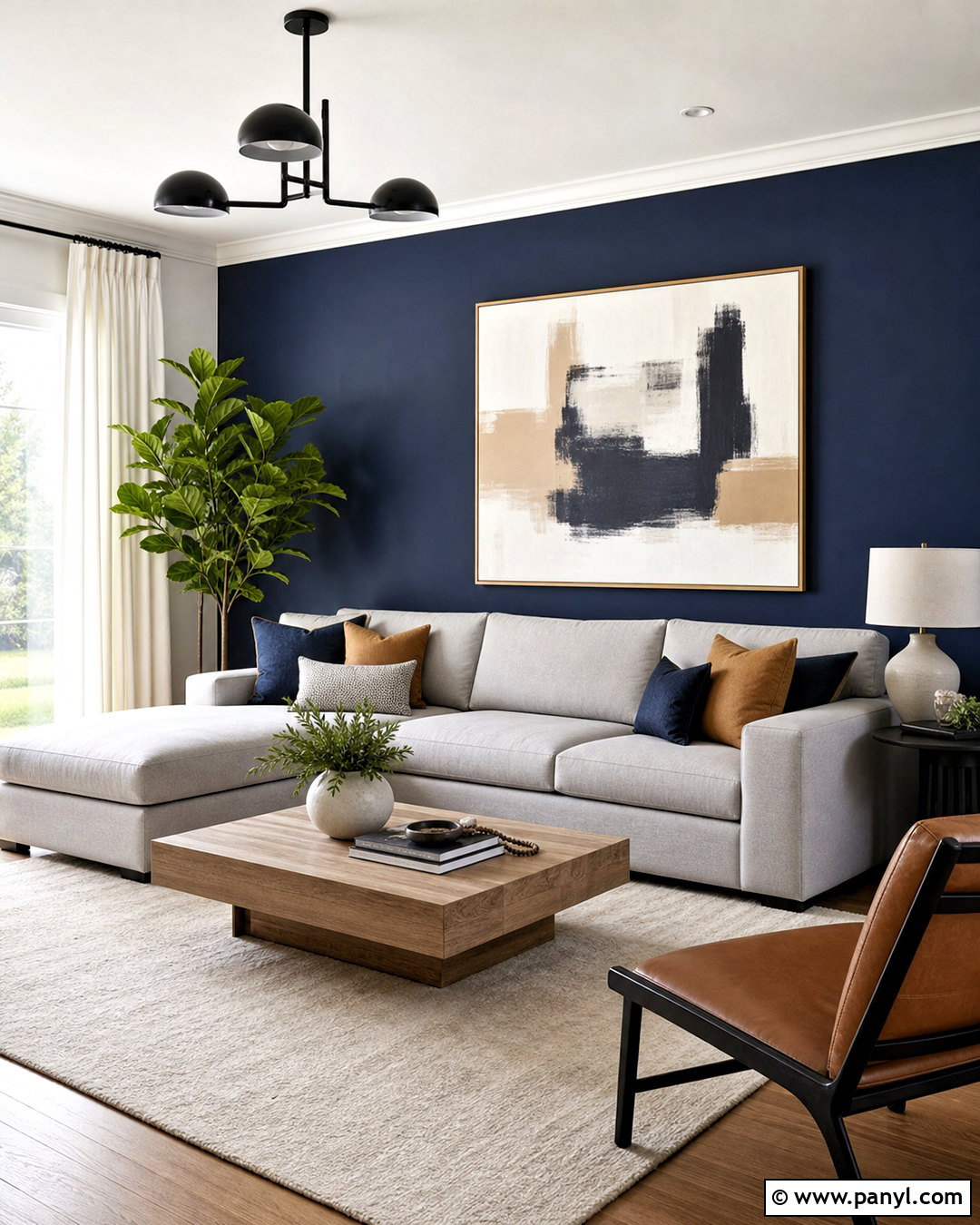 Navy Accent Wall With Gray Sofa - 20 navy accent wall living room ideas