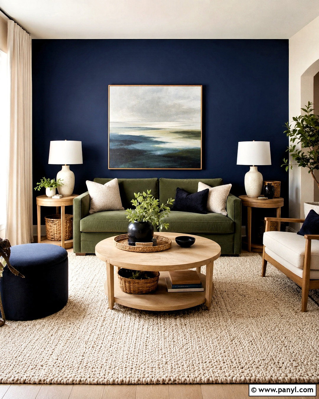 Navy Accent Wall With Green Furniture - 20 navy blue and green living room ideas