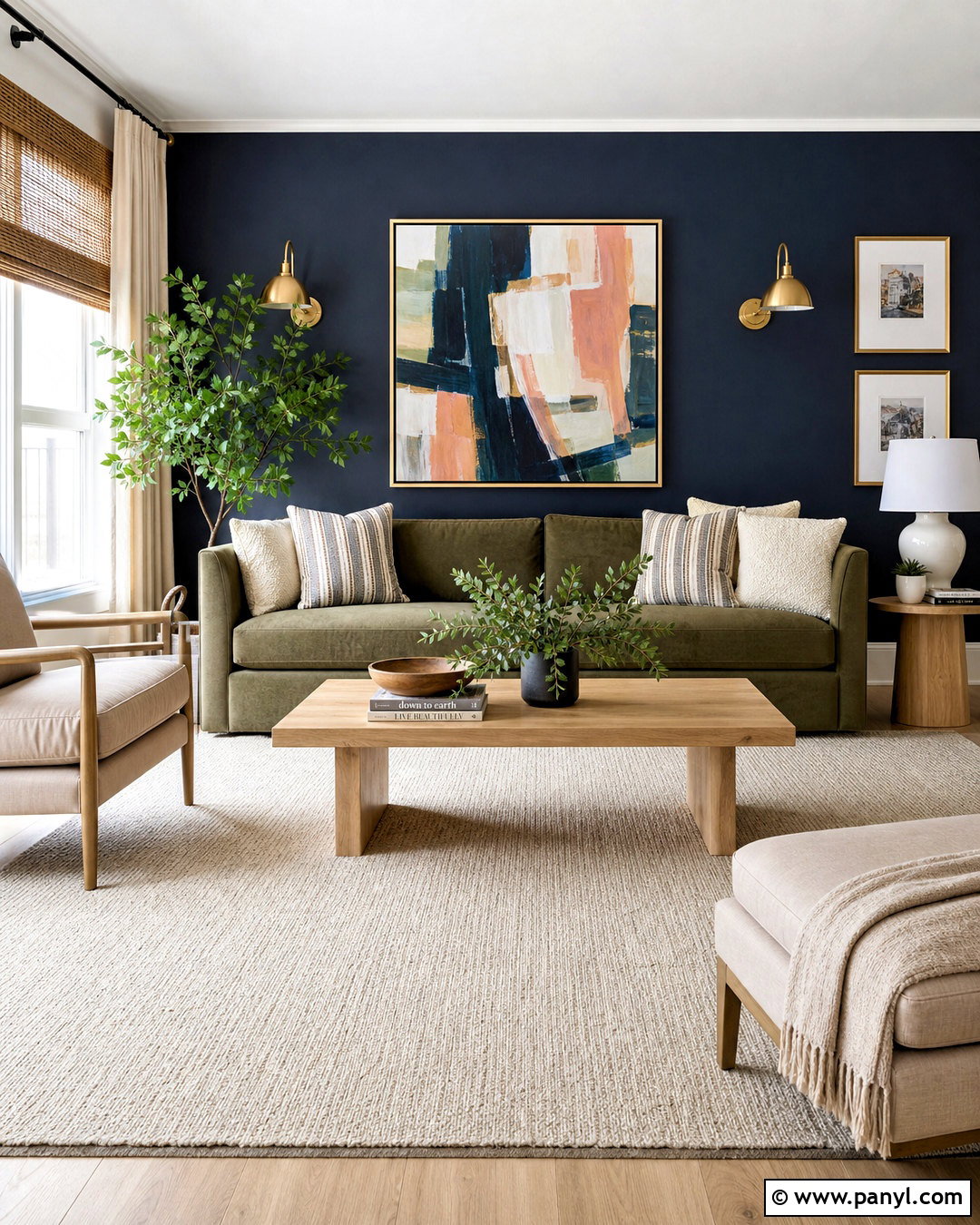 Navy Accent Wall With Green Sofa - 20 navy accent wall living room ideas