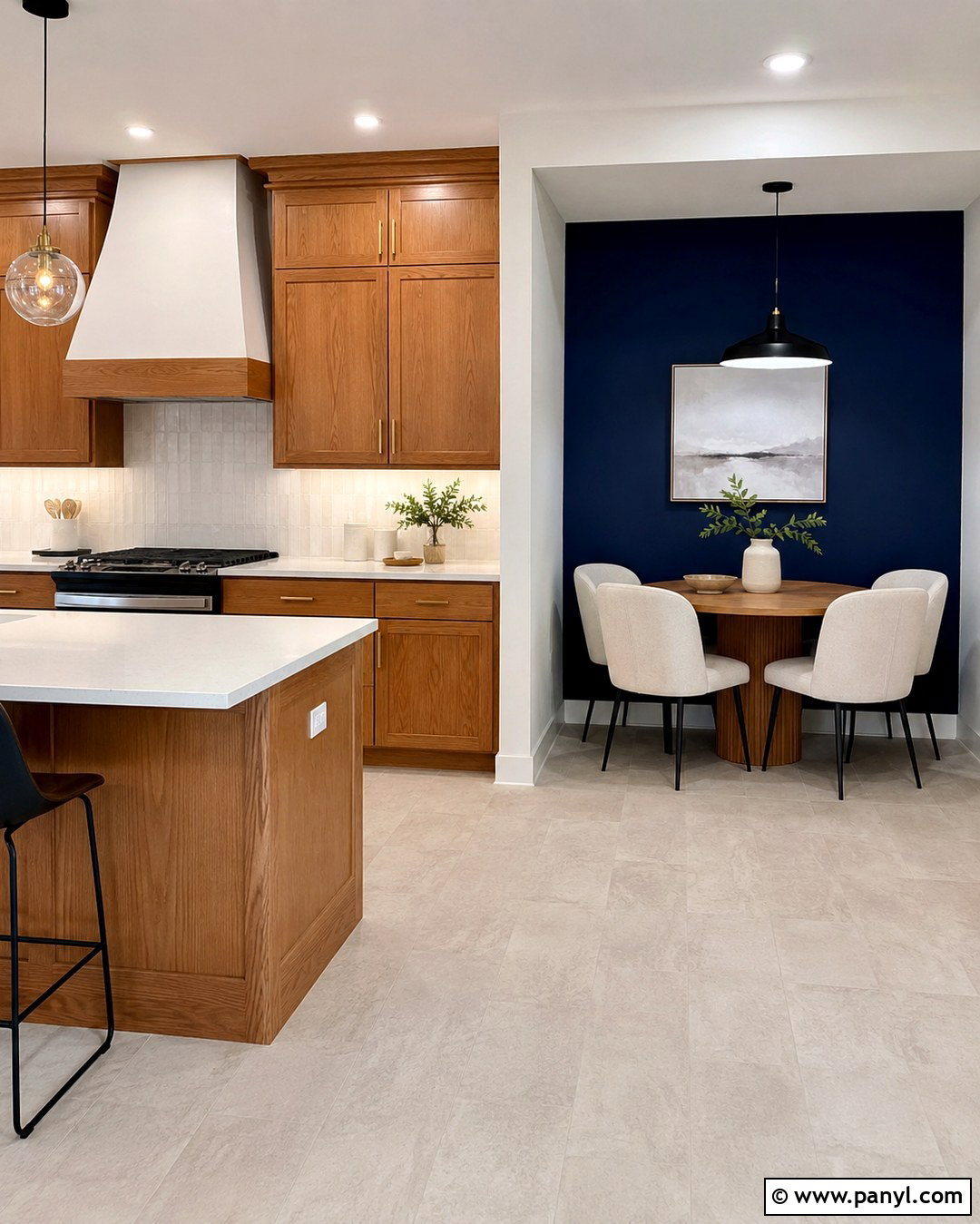Navy Accent Wall With Honey Oak Cabinets - 20 Honey Oak Cabinet Kitchen Wall Color Ideas