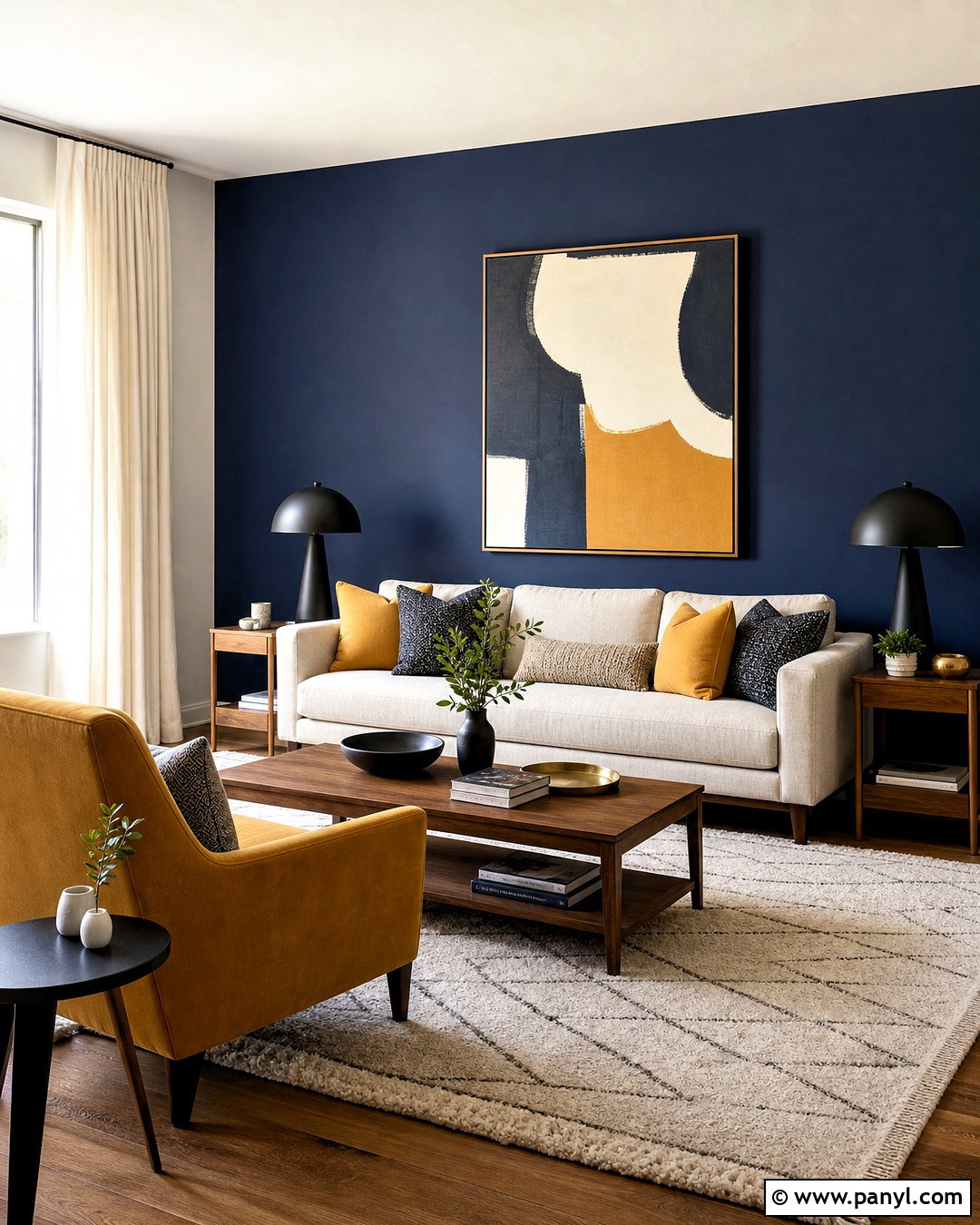 Navy Accent Wall With Mustard Accents - 20 navy accent wall living room ideas