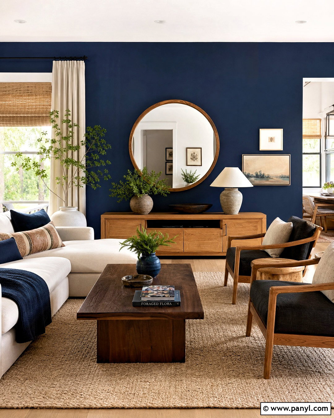 Navy Accent Wall With Natural Wood - 20 navy accent wall living room ideas
