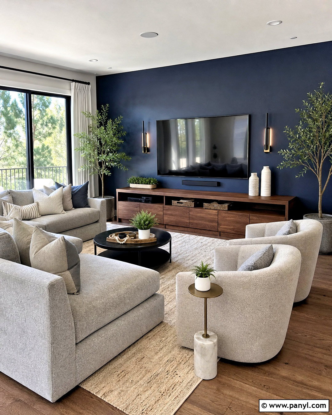Navy Accent Wall With TV - 20 navy accent wall living room ideas
