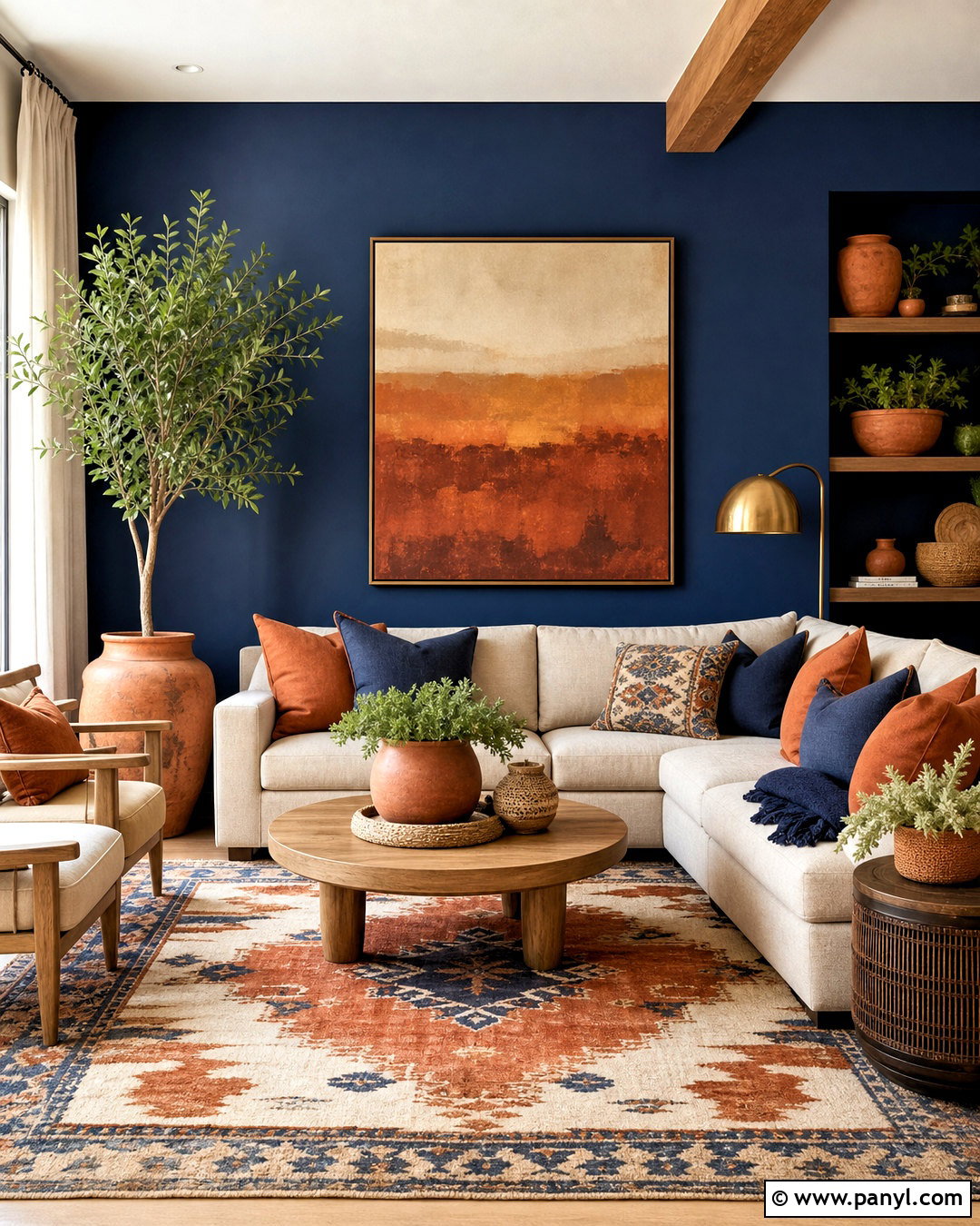 Navy Accent Wall With Terracotta Decor - 20 navy accent wall living room ideas