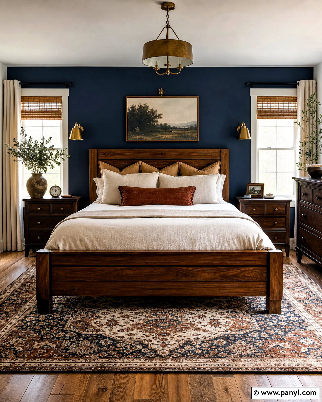 Navy Accent Wall With Warm Wood Furniture - 20 navy accent wall bedroom ideas