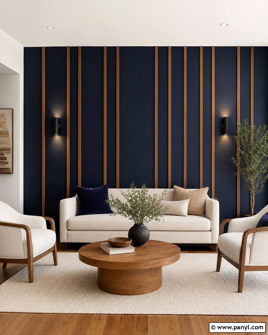 Navy Accent Wall With Wood Slats - 35 Navy Accent Wall Ideas
