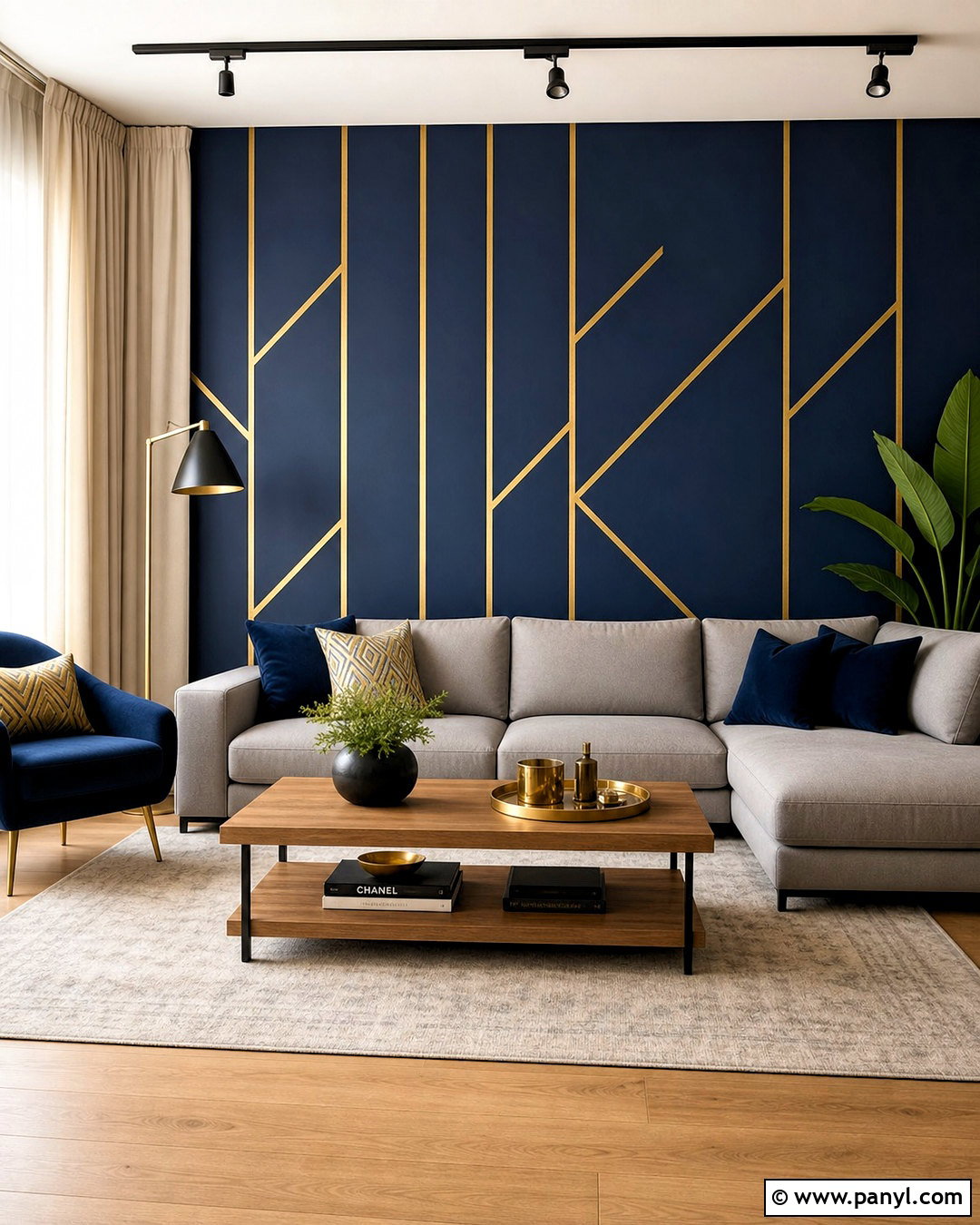 Navy And Gold Geometric Wall - 20 gold shimmer wall ideas
