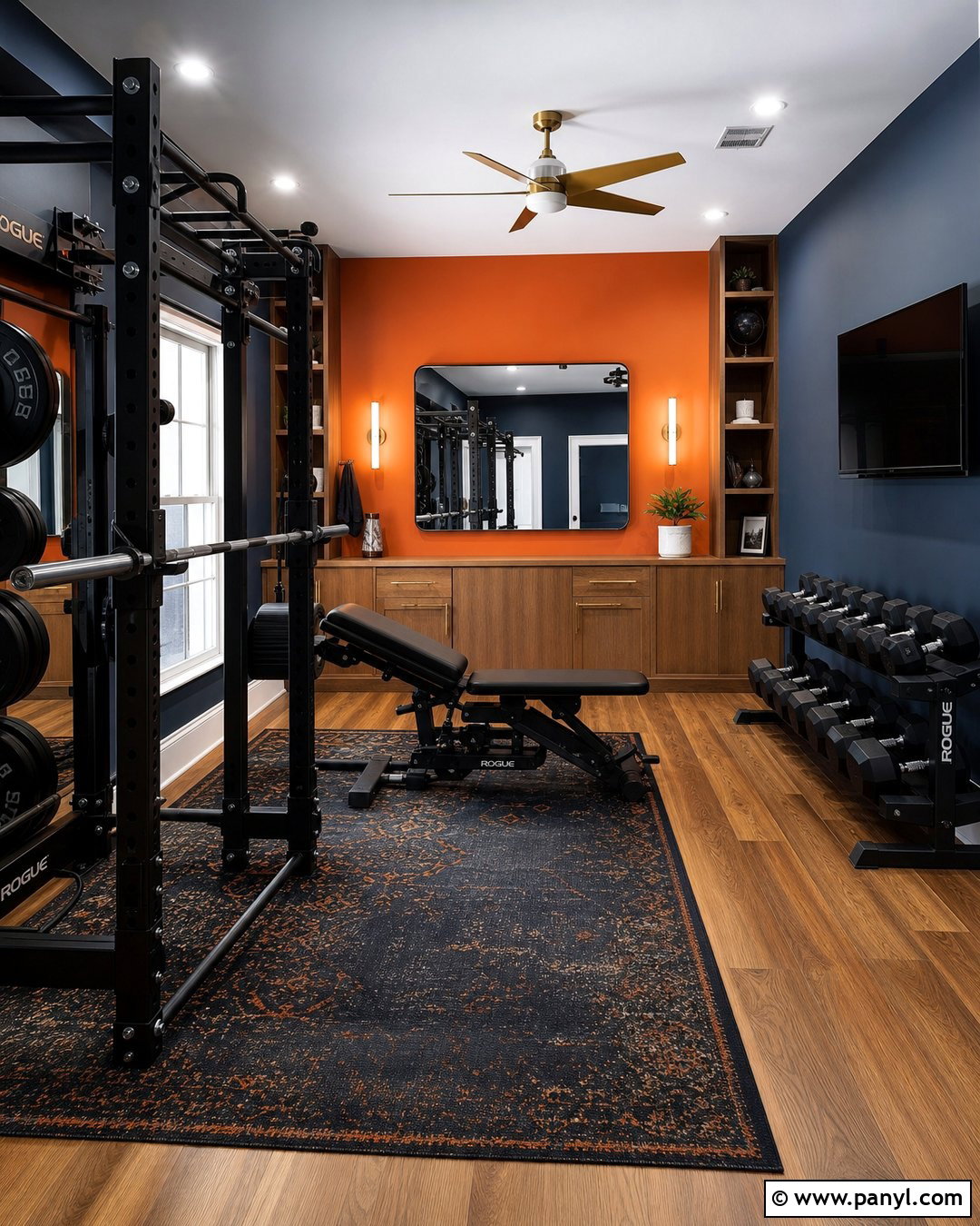 Navy And Orange Home Gym - 20 Orange Accent Wall Gym Ideas