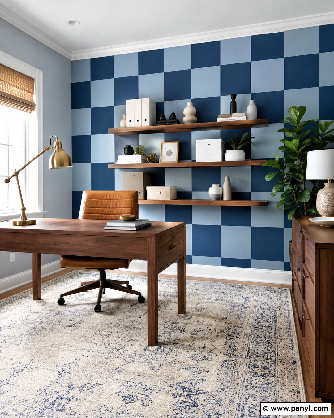 Navy And Sky Blue Checkerboard Home Office Wall - 20 checkerboard wall ideas