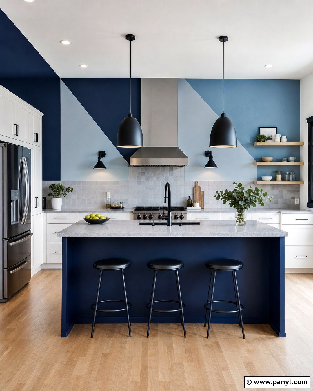 Navy And Sky Blue Geometric Kitchen Wall - 20 Color Block Kitchen Wall Ideas