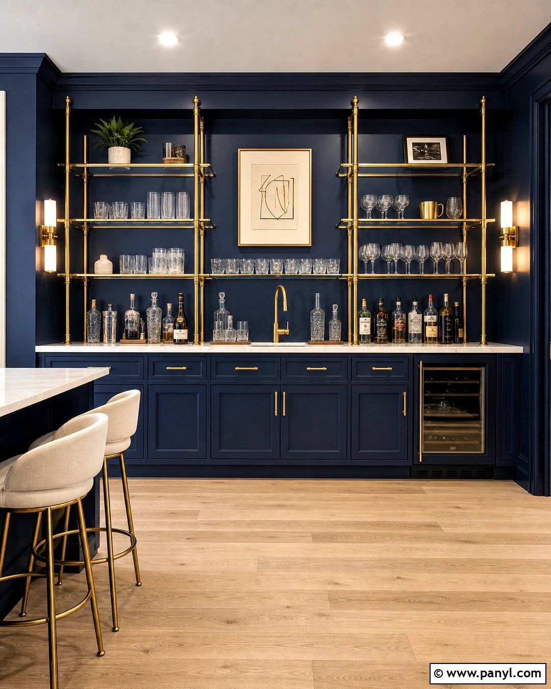 Navy Bar Wall With Brass Shelves - 20 behind bar wall ideas