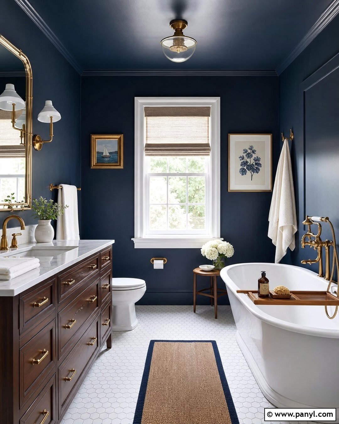 Navy Bathroom Walls With Brass Fixtures - 30 Dark Bathroom Walls