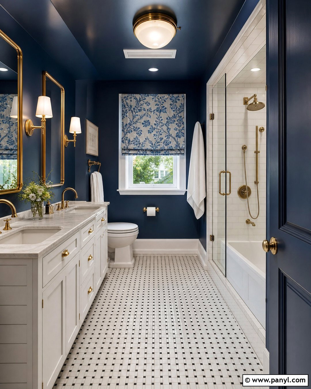 Navy Bathroom Walls With Brass Fixtures - 30 Bathroom Dark Walls