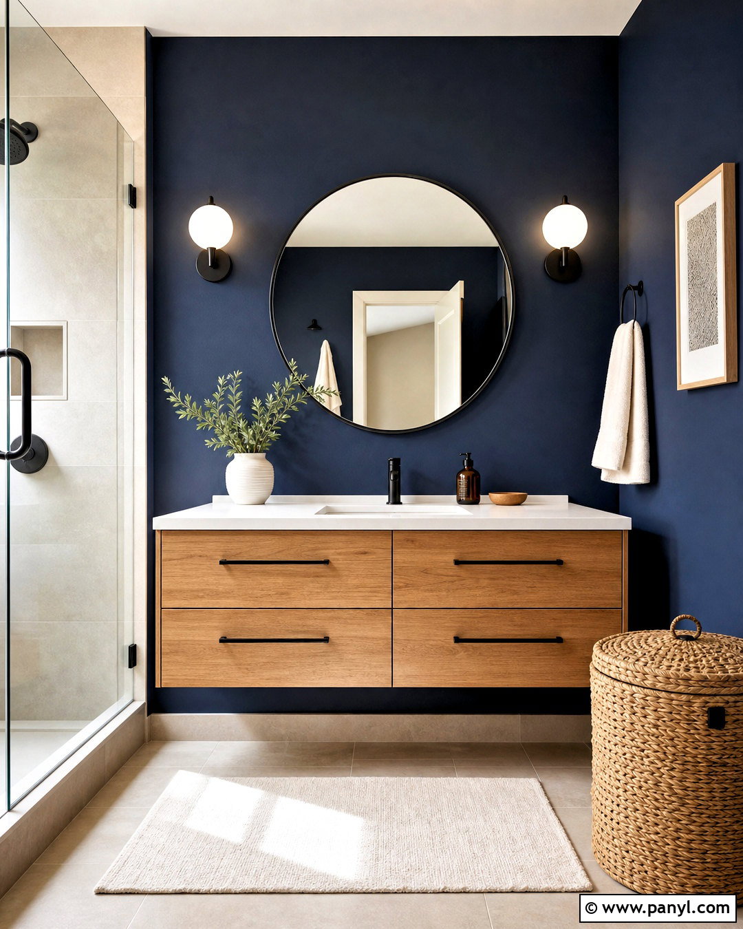 Navy Bathroom Walls With Wood Vanity - 20 navy bathroom walls
