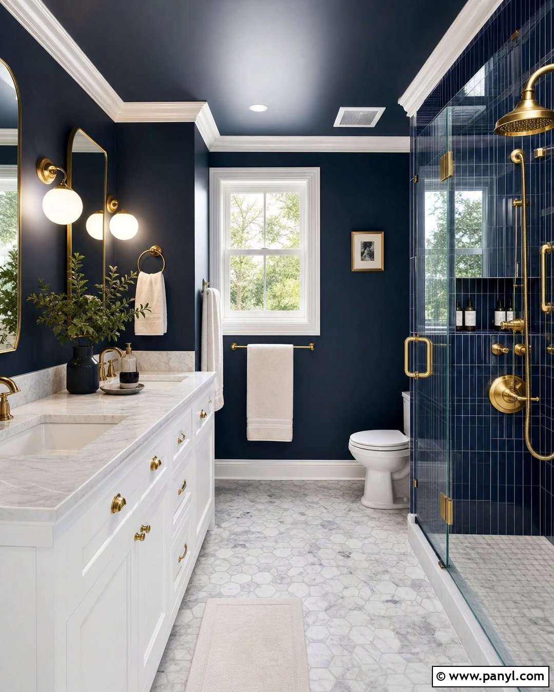 Navy Bathroom With Brass Fixtures - 20 Elegant Bathroom With Dark Walls