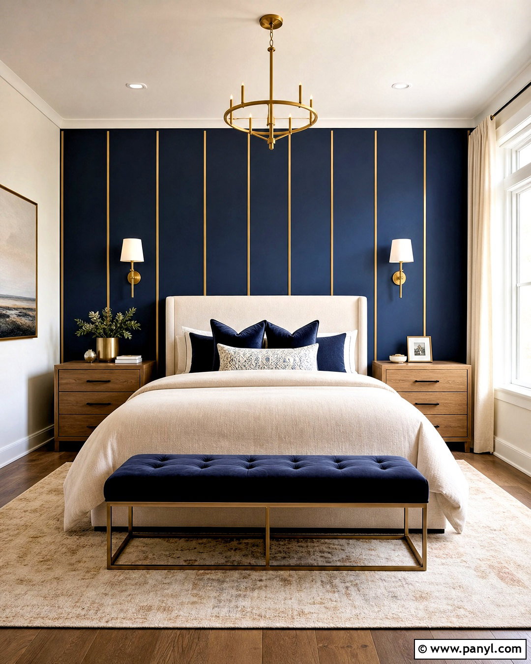 Navy Bedroom Wall With Vertical Gold Strips - 20 golden strips on wall ideas
