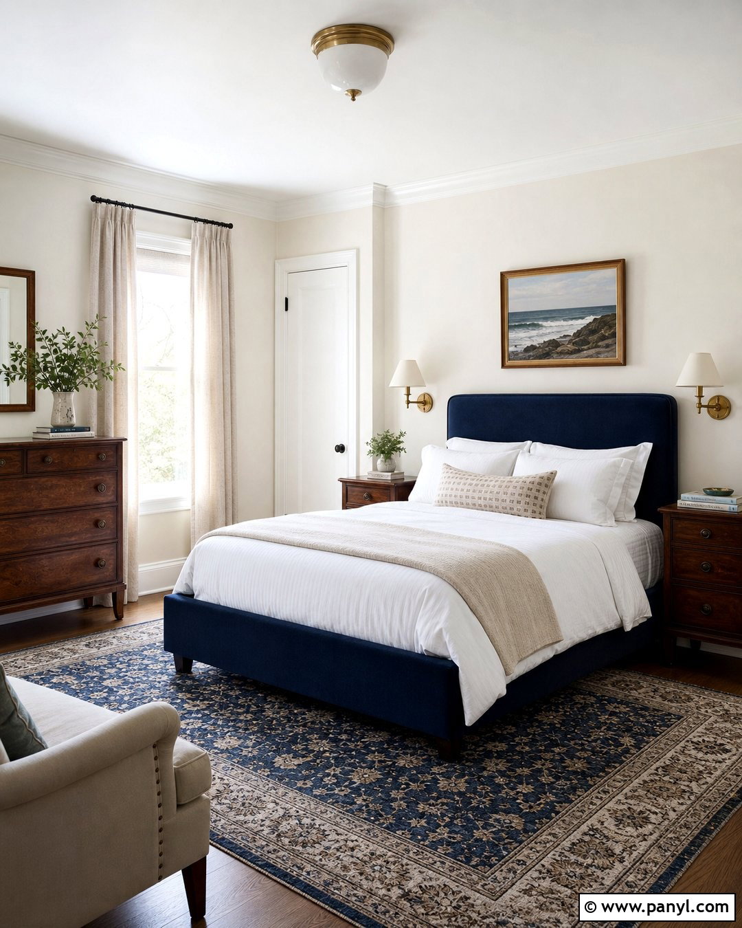 Navy Bedroom With Alabaster Walls And White Trim - 35 Alabaster Walls With White Trim Ideas