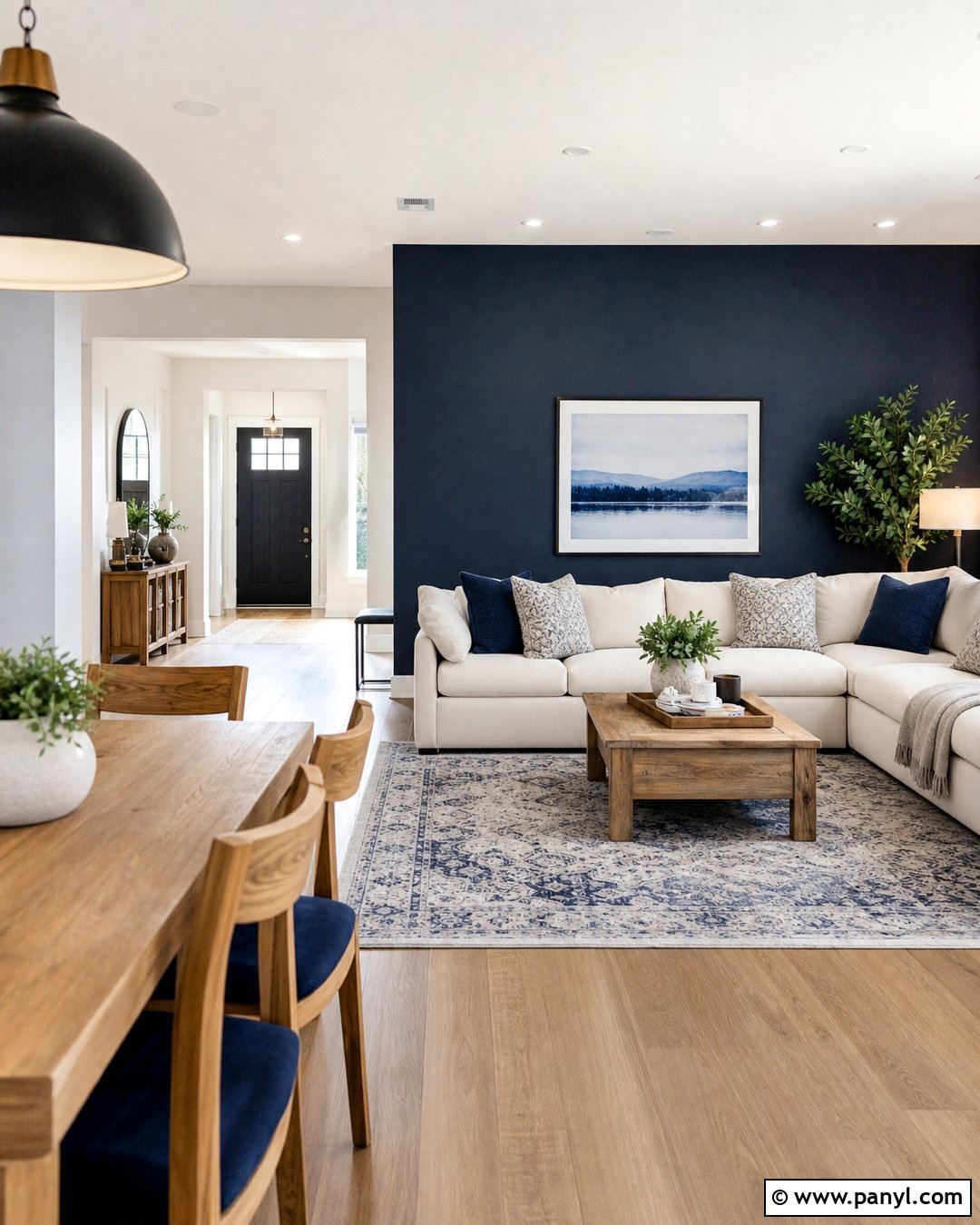 Navy Blue Accent Wall In An Open Living Room - 35 Navy Blue Accent Wall Ideas