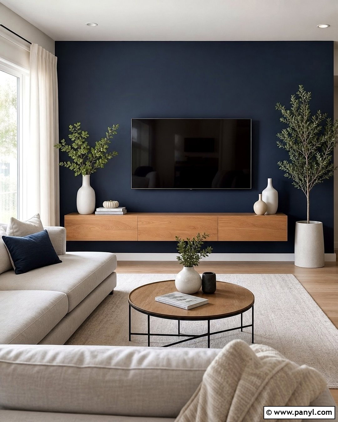 Navy Blue Accent Wall With A TV - 35 Navy Blue Accent Wall Ideas