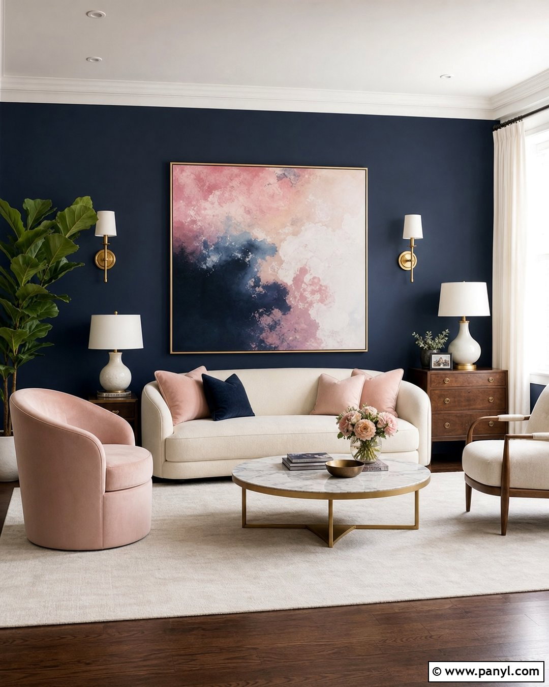 Navy Blue Accent Wall With Blush And Brass - 35 Navy Blue Accent Wall Ideas