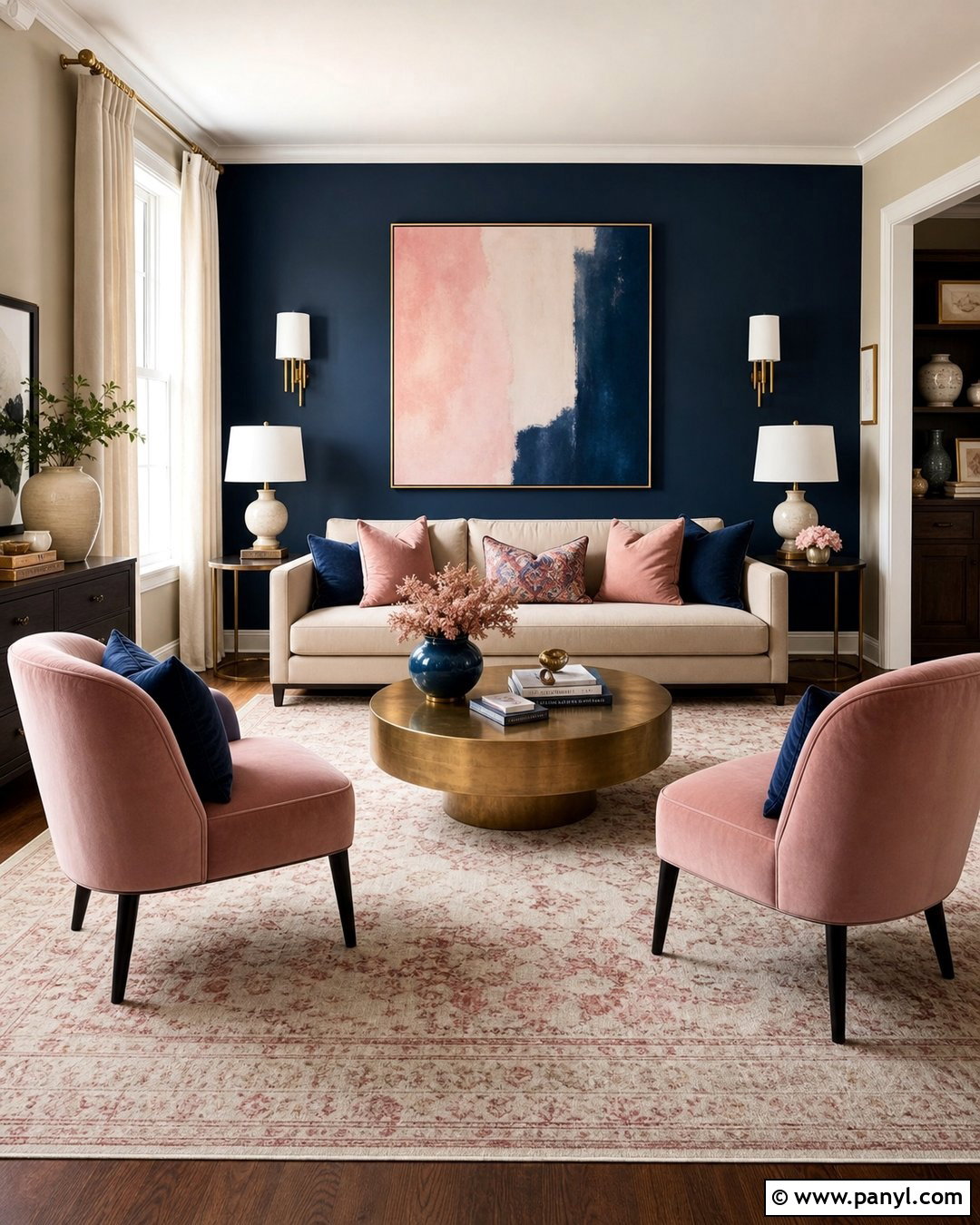 Navy Blue Accent Wall With Blush Pink - 35 navy blue accent wall living room ideas