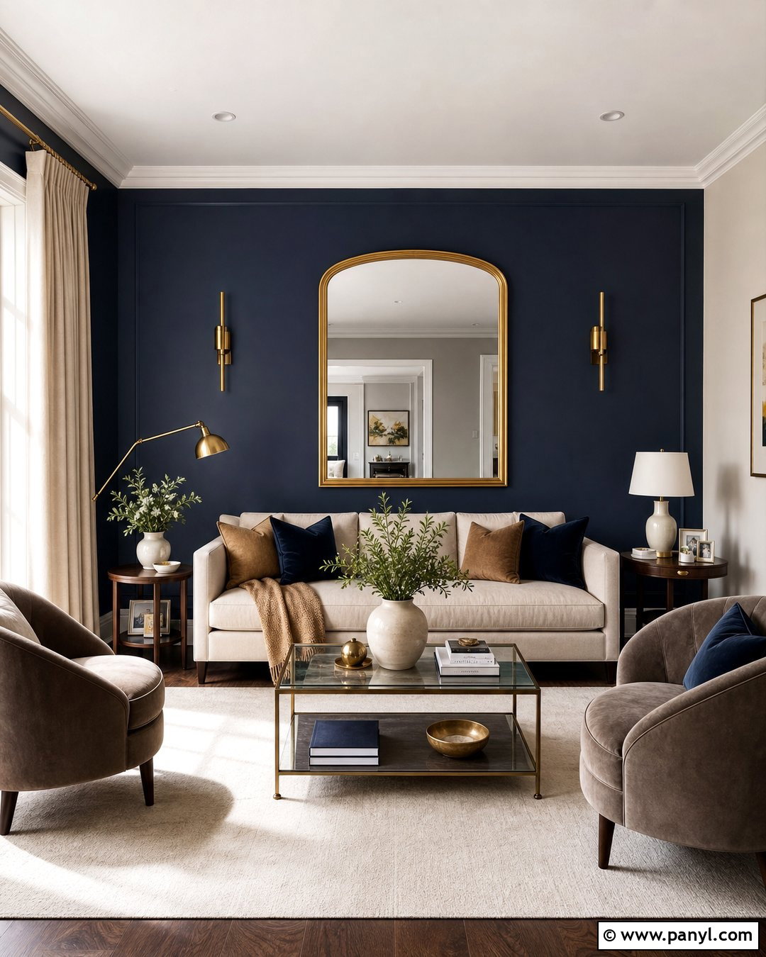 Navy Blue Accent Wall With Brass Decor - 35 navy blue accent wall living room ideas