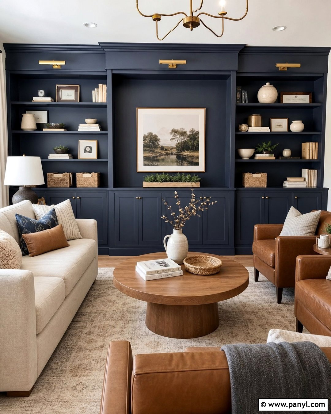 Navy Blue Accent Wall With Built-In Shelves - 35 navy blue accent wall living room ideas