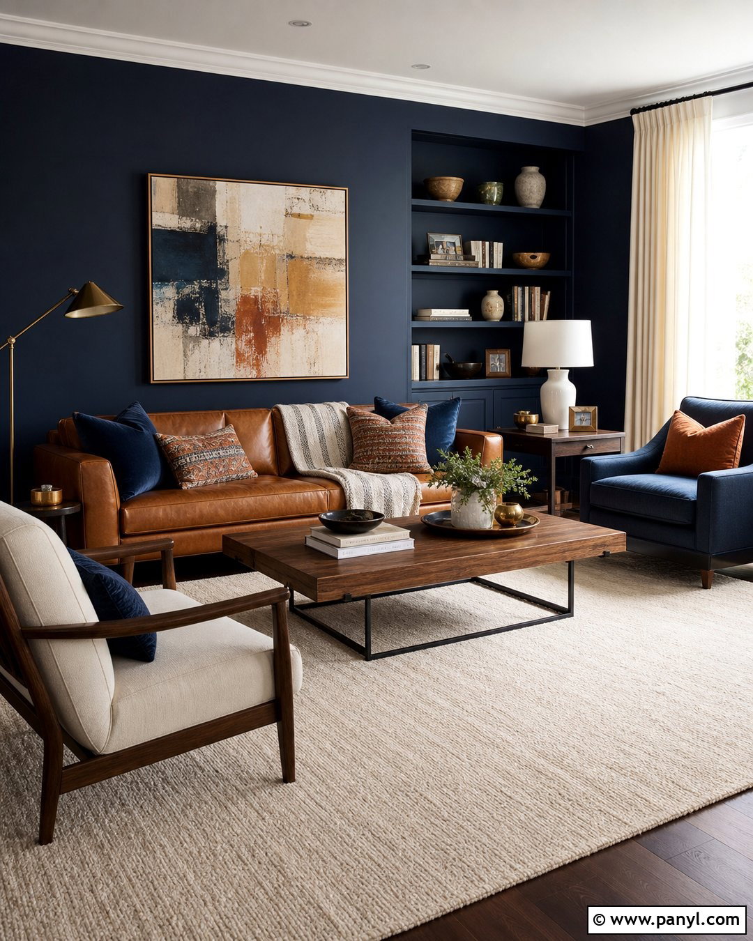 Navy Blue Accent Wall With Camel Leather Sofa - 35 navy blue accent wall living room ideas
