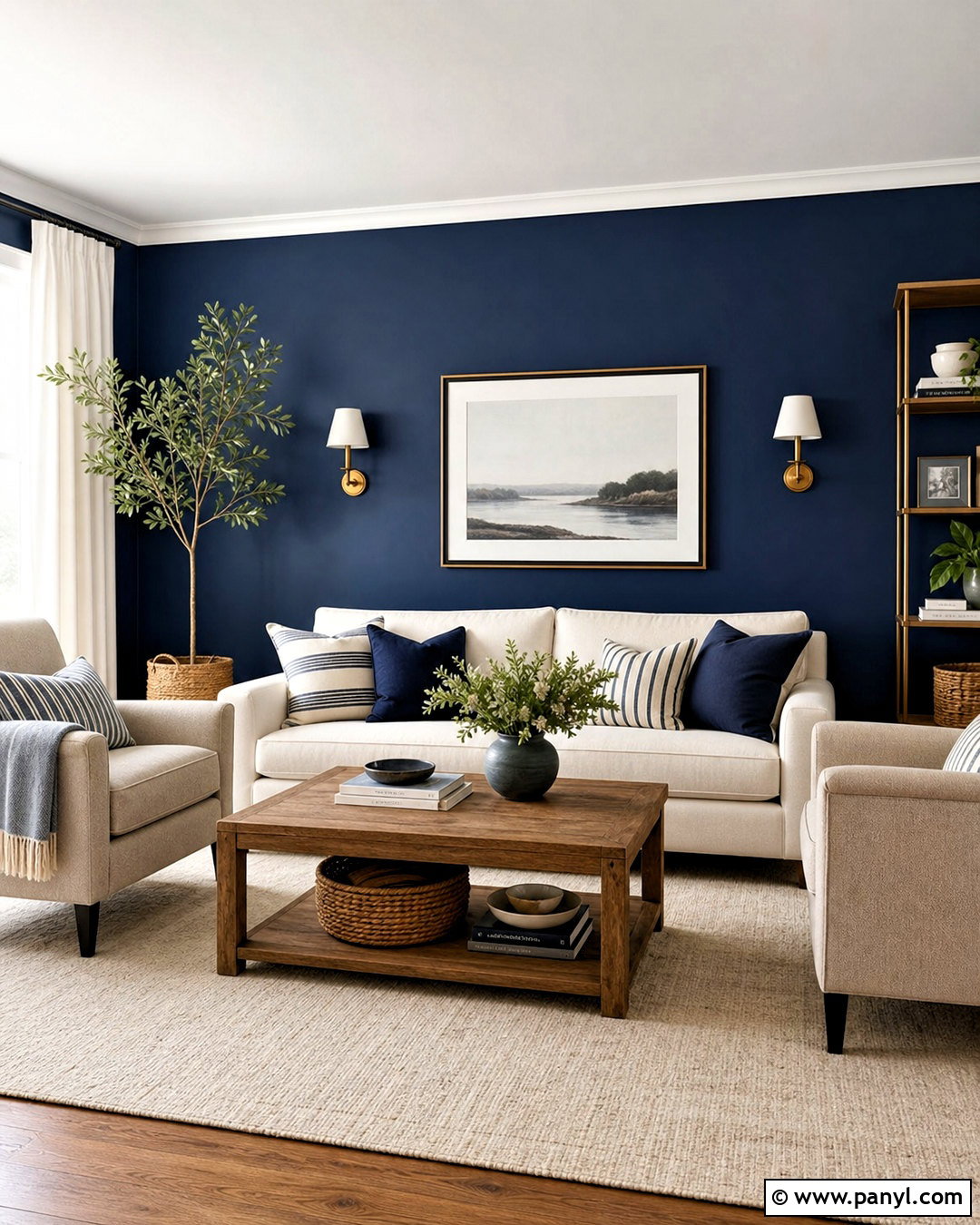 Navy Blue Accent Wall With Cream Sofa - 20 blue accent wall living room ideas