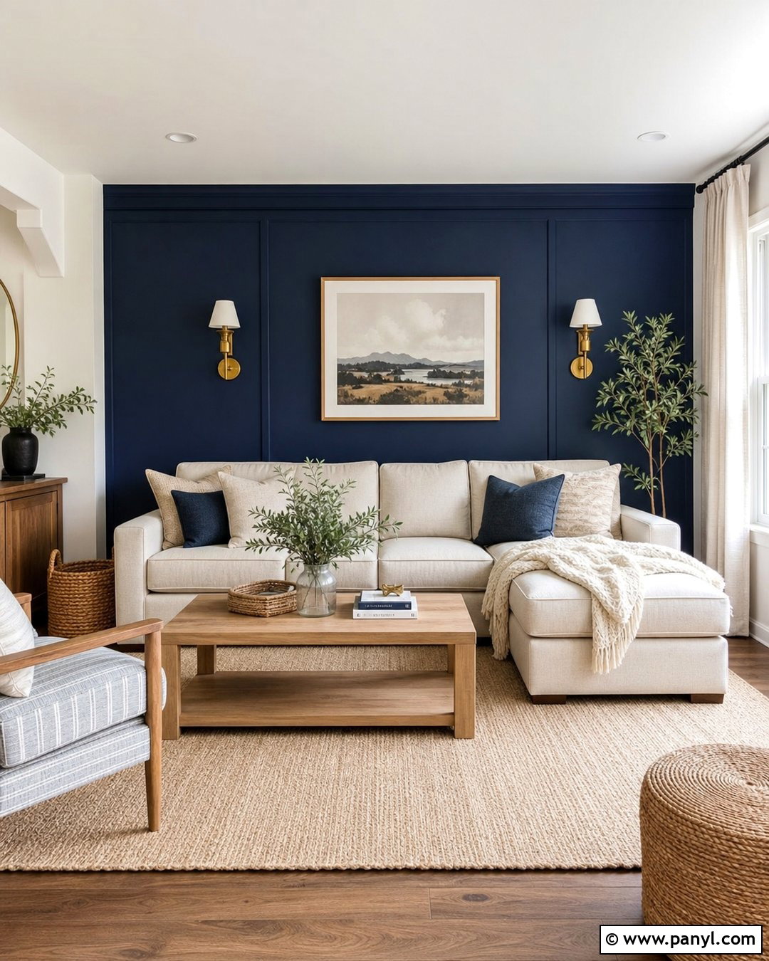 Navy Blue Accent Wall With Cream Sofa - 35 navy blue accent wall living room ideas