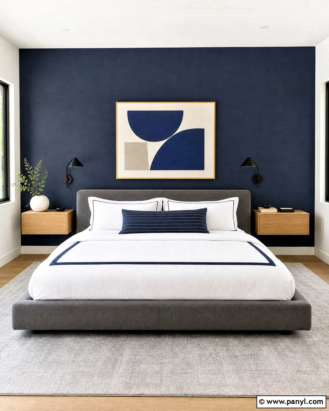 Navy Blue Accent Wall With Floating Nightstands - 20 navy blue accent wall bedroom ideas