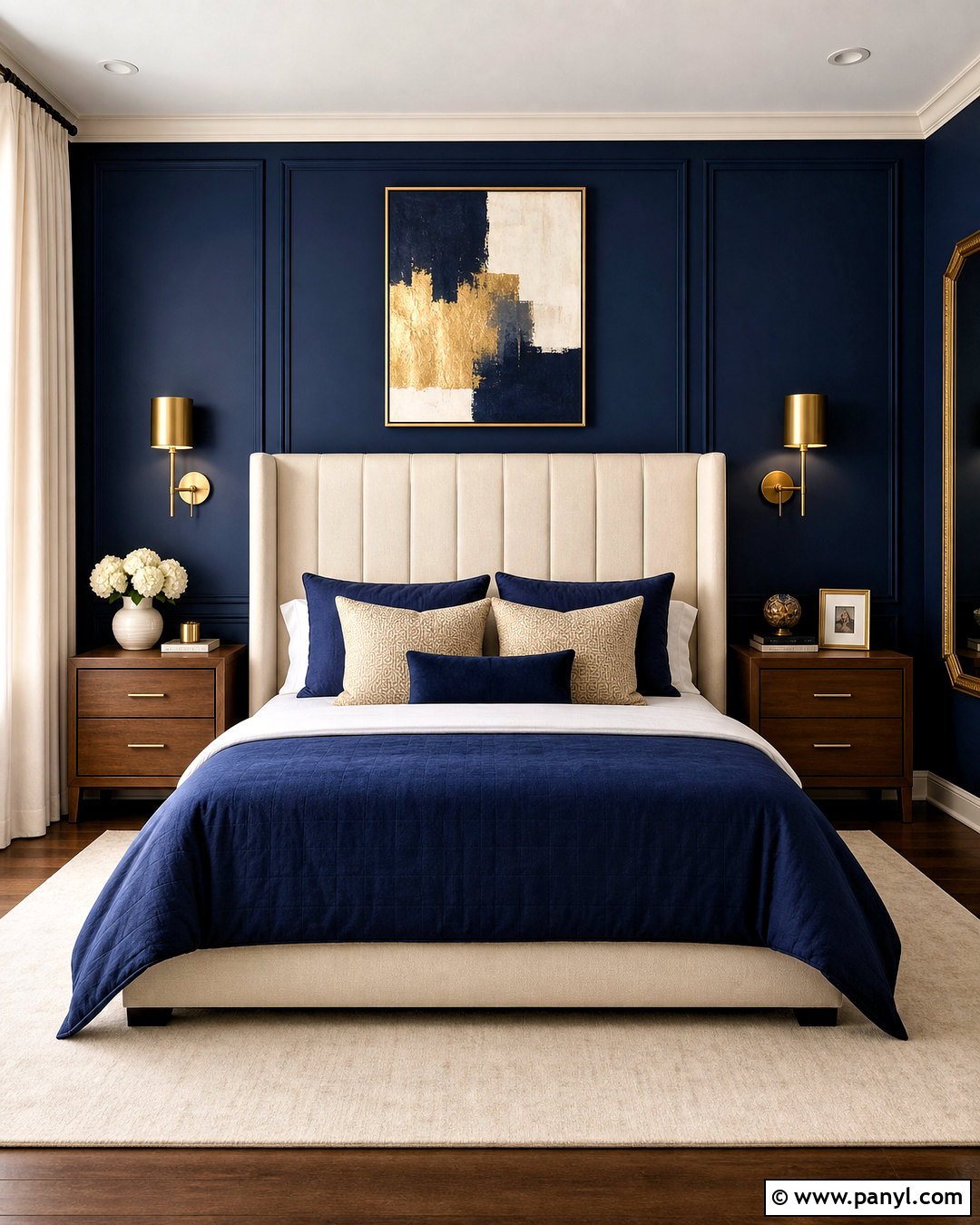 Navy Blue Accent Wall With Gold Decor - 20 bedroom blue accent wall ideas
