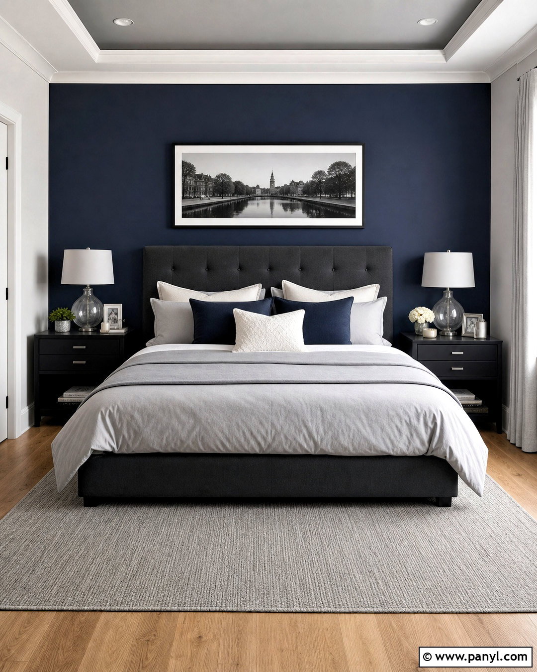 Navy Blue Accent Wall With Gray Bedding - 20 navy blue accent wall bedroom ideas