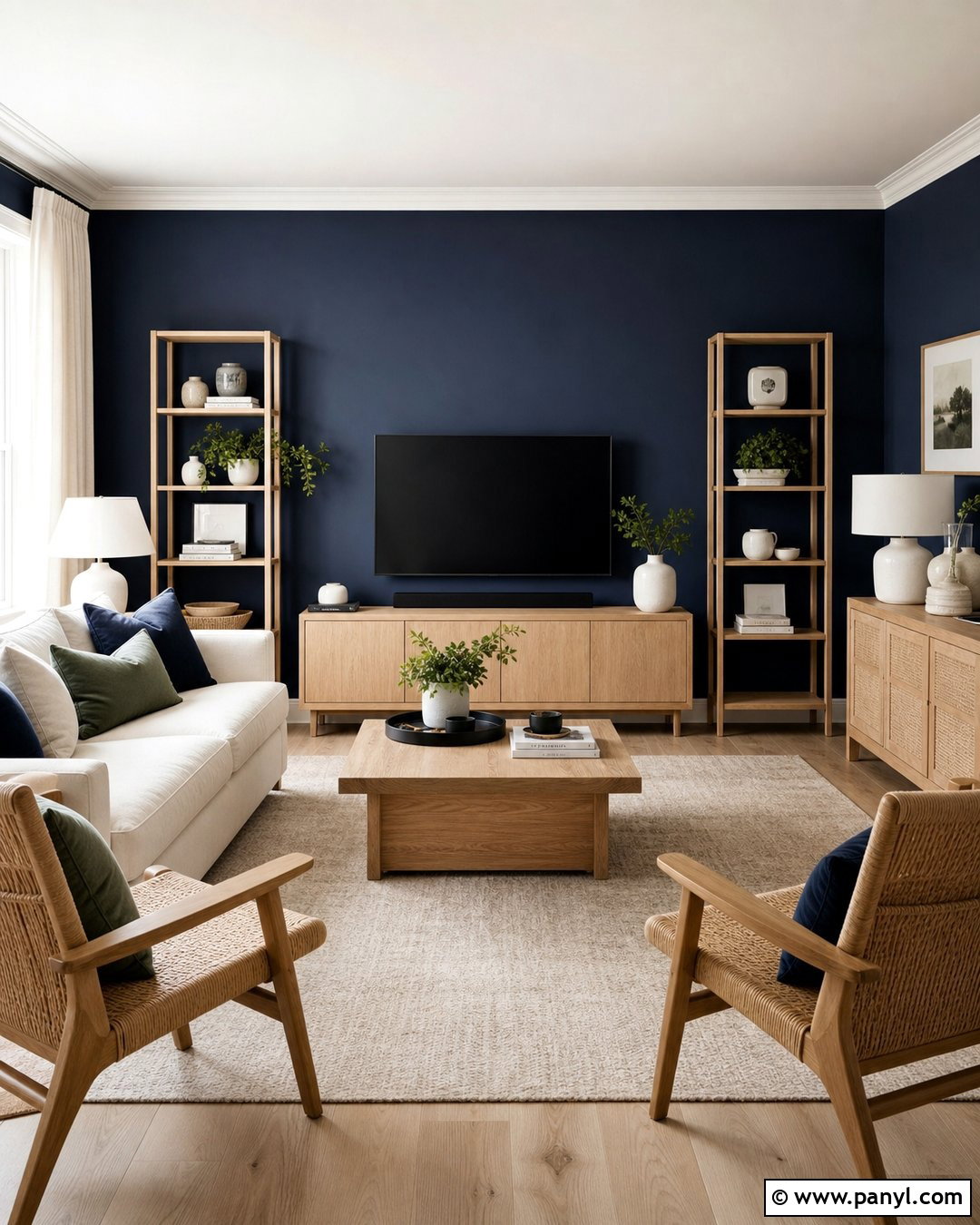 Navy Blue Accent Wall With Light Oak Furniture - 35 navy blue accent wall living room ideas