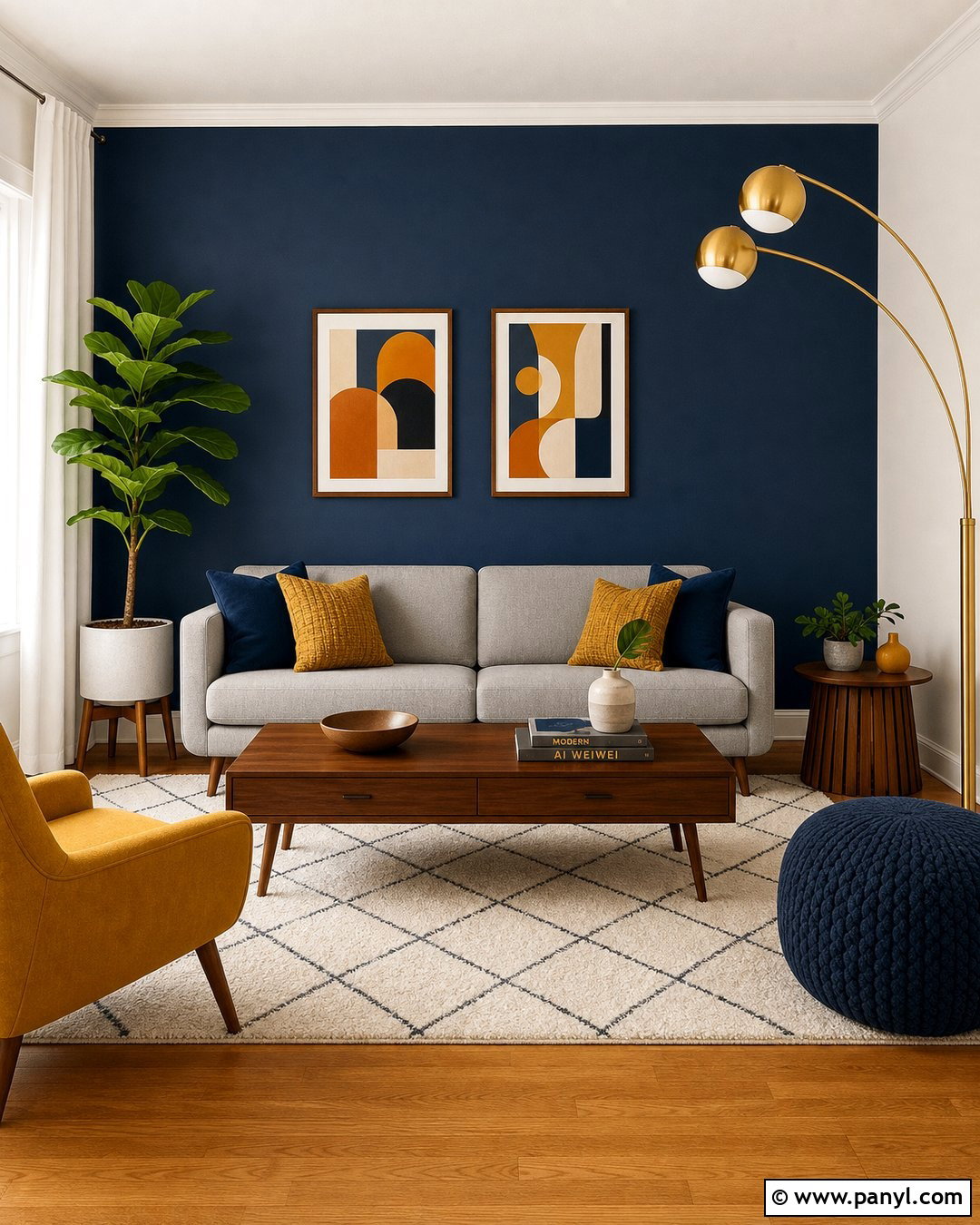 Navy Blue Accent Wall With Mustard Yellow - 35 navy blue accent wall living room ideas