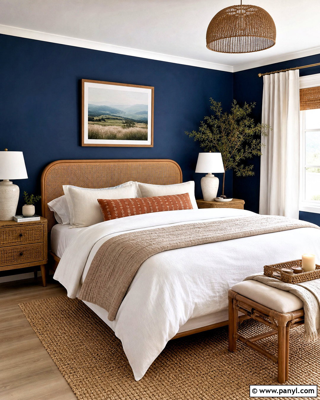 Navy Blue Accent Wall With Rattan Furniture - 20 navy blue accent wall bedroom ideas