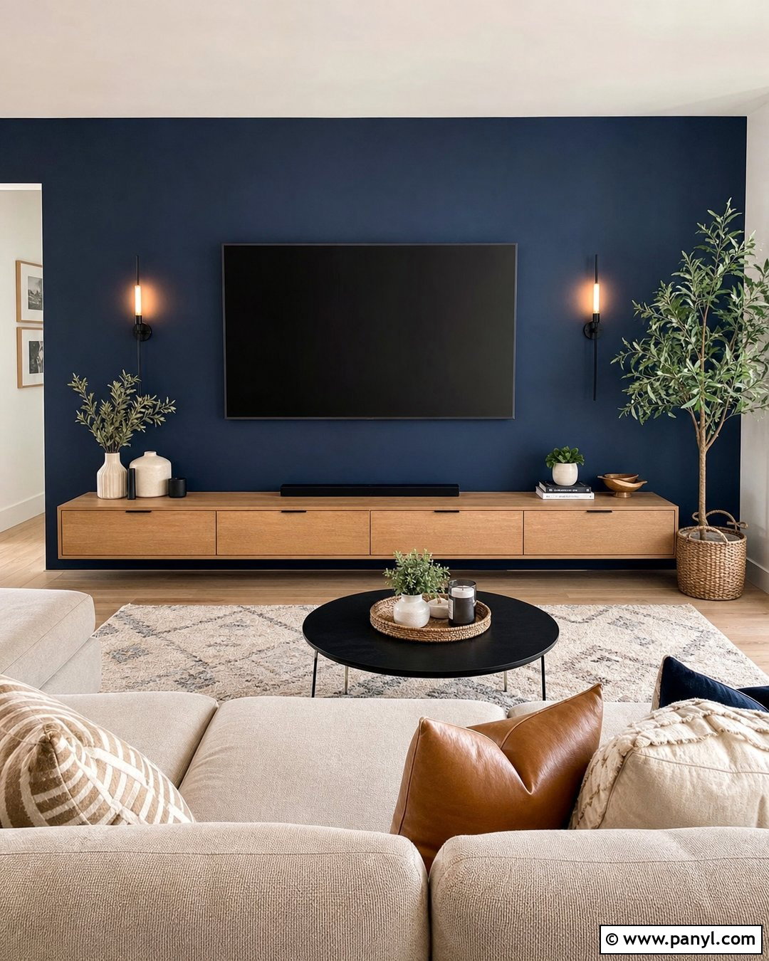 Navy Blue Accent Wall With TV - 35 navy blue accent wall living room ideas