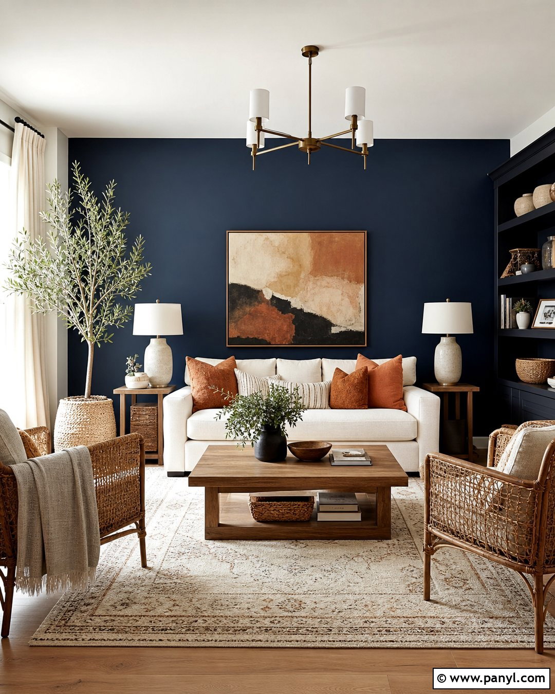 Navy Blue Accent Wall With Terracotta - 35 navy blue accent wall living room ideas