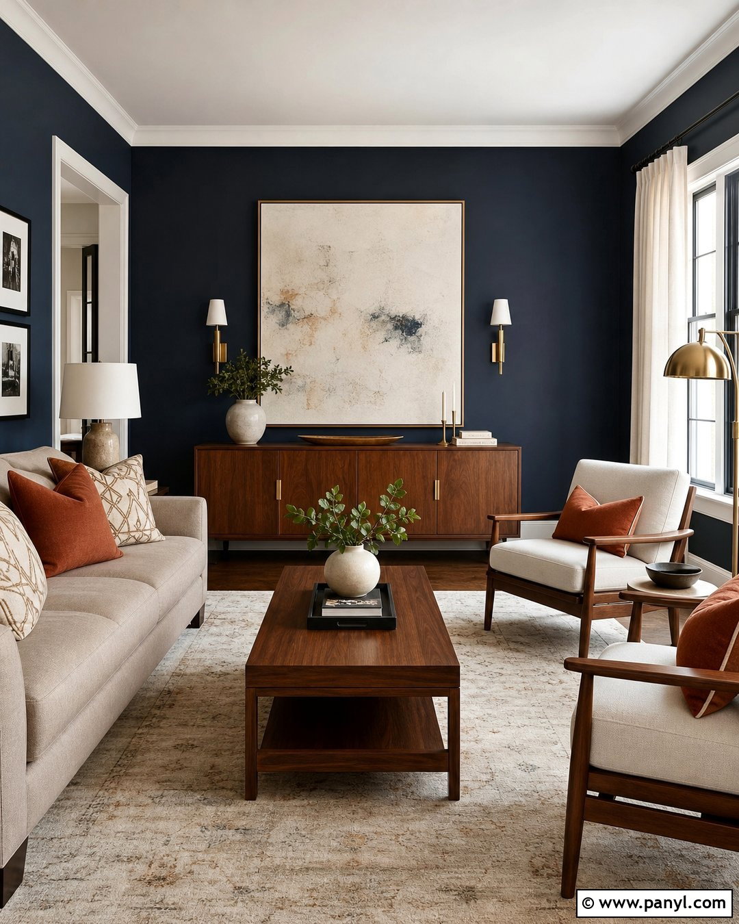 Navy Blue Accent Wall With Walnut Furniture - 35 navy blue accent wall living room ideas